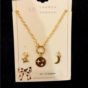 LC Lauren Conrad Gold Celestial Pendant Necklace with Star & Crescent Studs